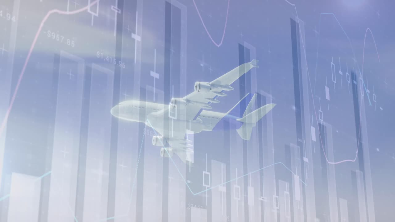 파란 구름 하늘에서 비행하는 비행기 위에서 그래프와 데이터 처리의 애니메이션.