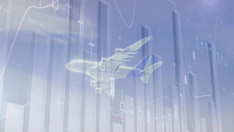 animación de gráficos y procesamiento de datos sobre un avión que vuela en un cielo nublado azul.