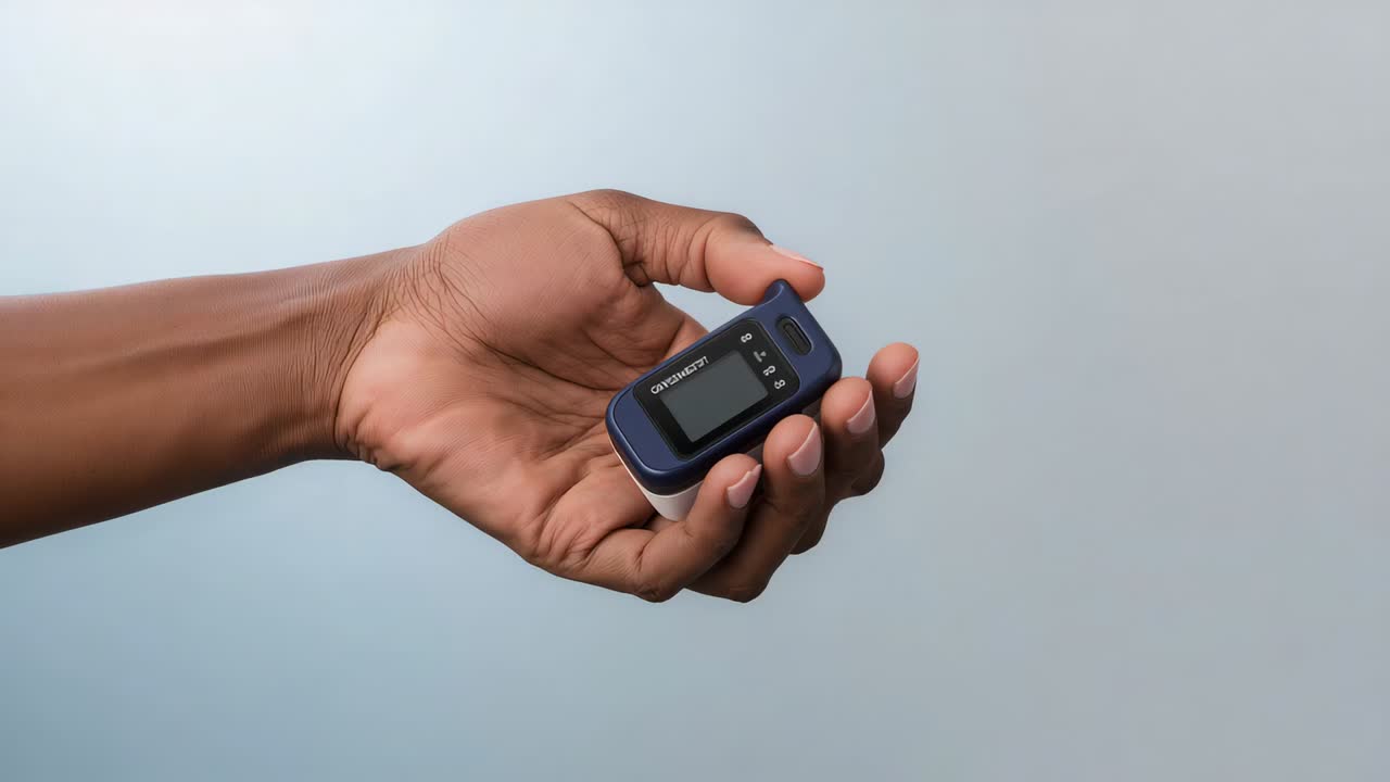 Holding hand after placing in palm, adjusting fingertip oximeter to align in studio, blank display