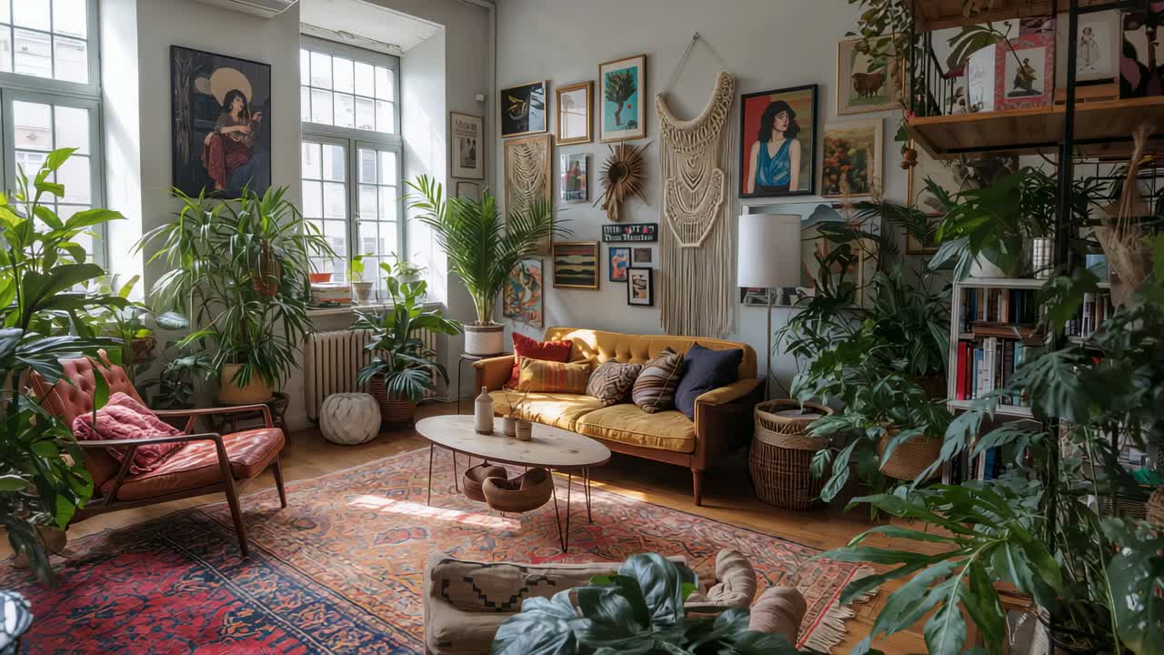Panning camera revealing mustard tufted sofa in apartment living room, showcasing bohemian decor