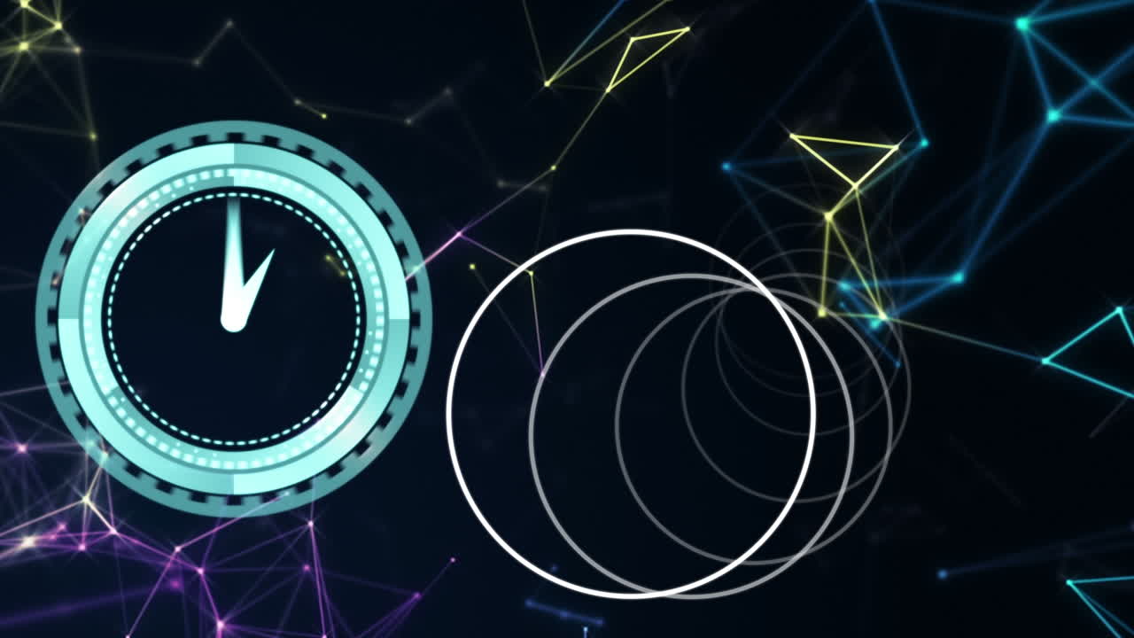 Animation of moving clock and circles over network of connections on black background
