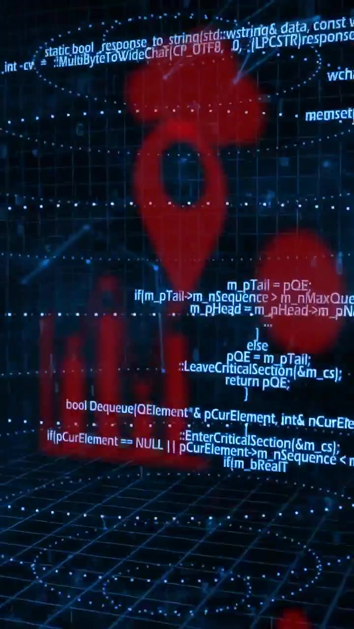 Vertical video: Red pin fading in, pulsing, dripping while code flowing across 3D grid showing data