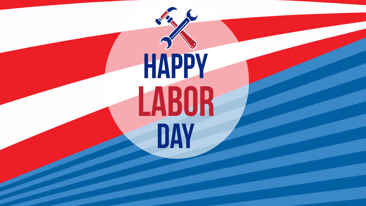 Animation of happy labor day text with tools over american flag