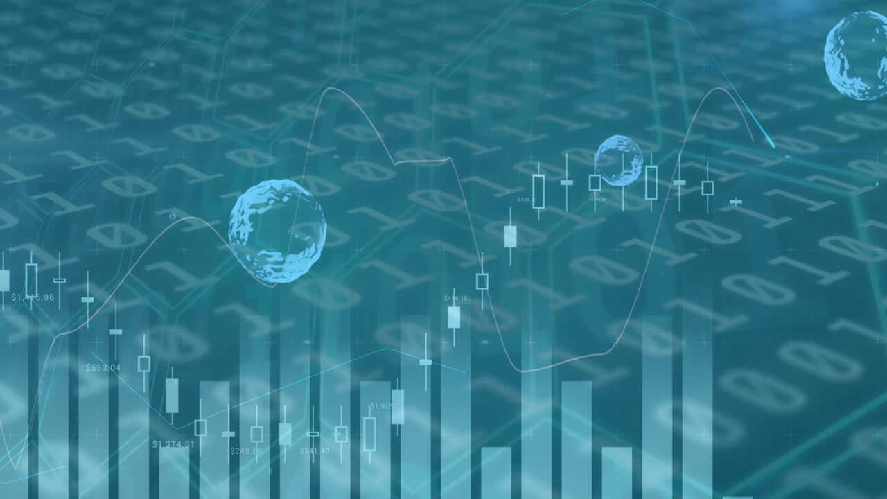Animation of multiple graphs over globes against binary codes on blue background