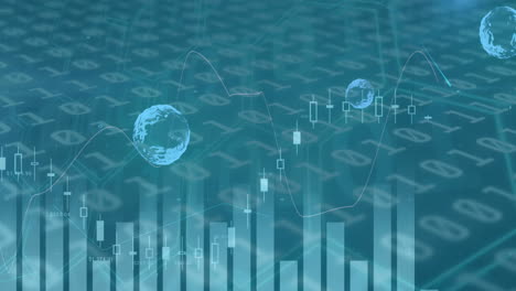 animation of multiple graphs over globes against binary codes on blue background