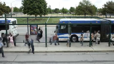 a busy transit scene: capturing the rhythm of daily commuters at a city bus stop as people move efficiently through the urban landscape