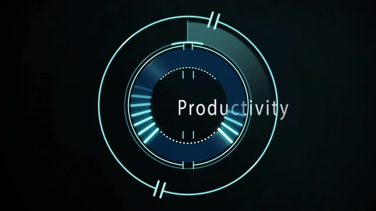 Productivity text animating over futuristic circular interface with glowing blue elements