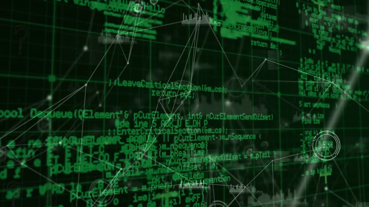 animación de conexiones y procesamiento de datos sobre fondo negro