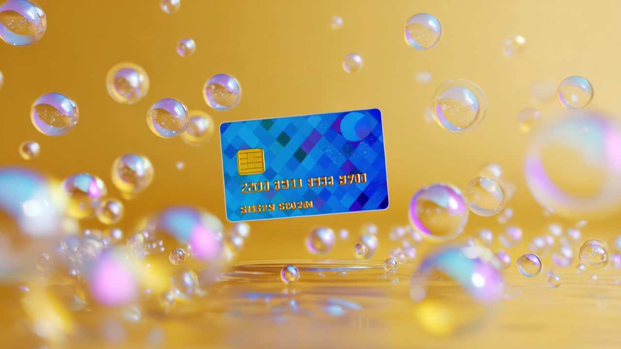 Floating Credit Card Surrounded by Colorful Bubbles in a Radiant Golden Atmosphere - A Visually Striking Representation of Finance and Transactions