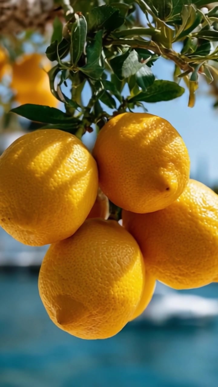 Primo piano di limoni freschi e succosi appesi a un ramo su uno splendido sfondo blu, mettendo in mostra il loro colore giallo brillante e la buccia testurizzata.
