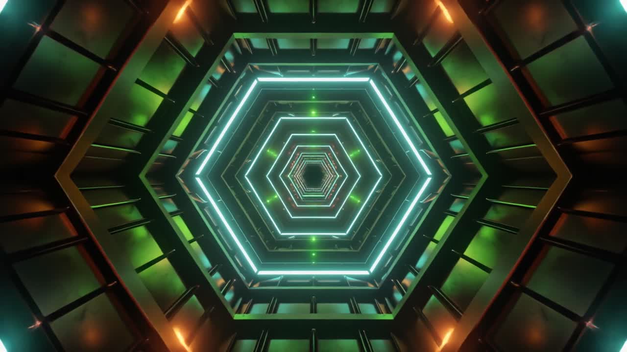 Volo attraverso un tunnel di luce neon esagonale futuristico