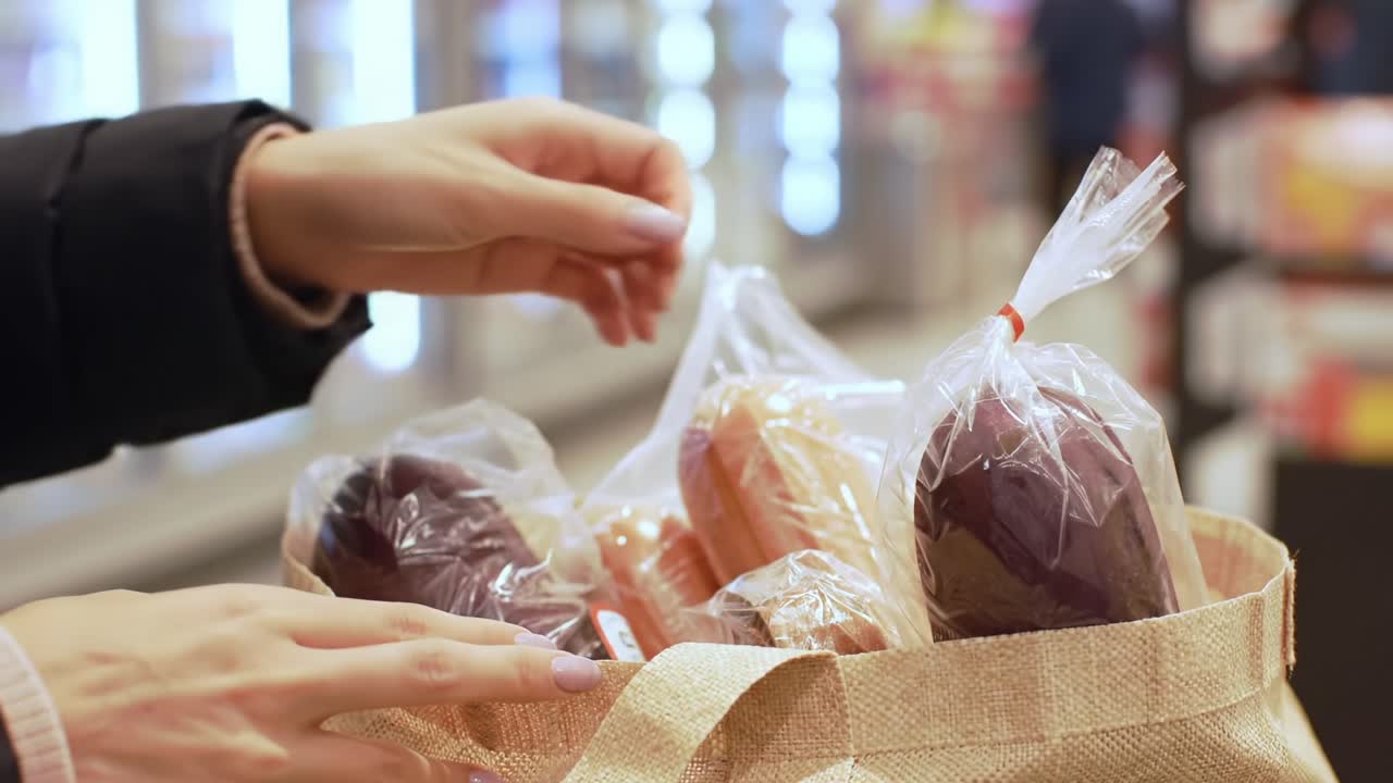 A Close-Up of Hands Placing Packaged Food Items into a Reusable Bag in a Grocery Store Aisle, Highlighting Modern Shopping Habits and Sustainable Choices