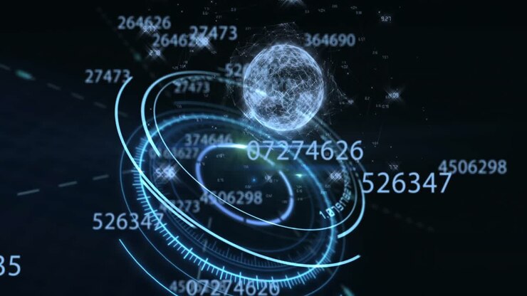 Multiple numbers changing against scope over globe on black background