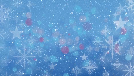 Animation-of-snow-falling-over-snowflakes-and-red-spots-on-blue-background