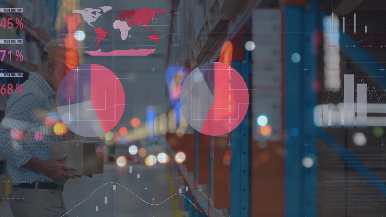 animación del procesamiento de datos sobre un trabajador masculino caucásico en un almacén