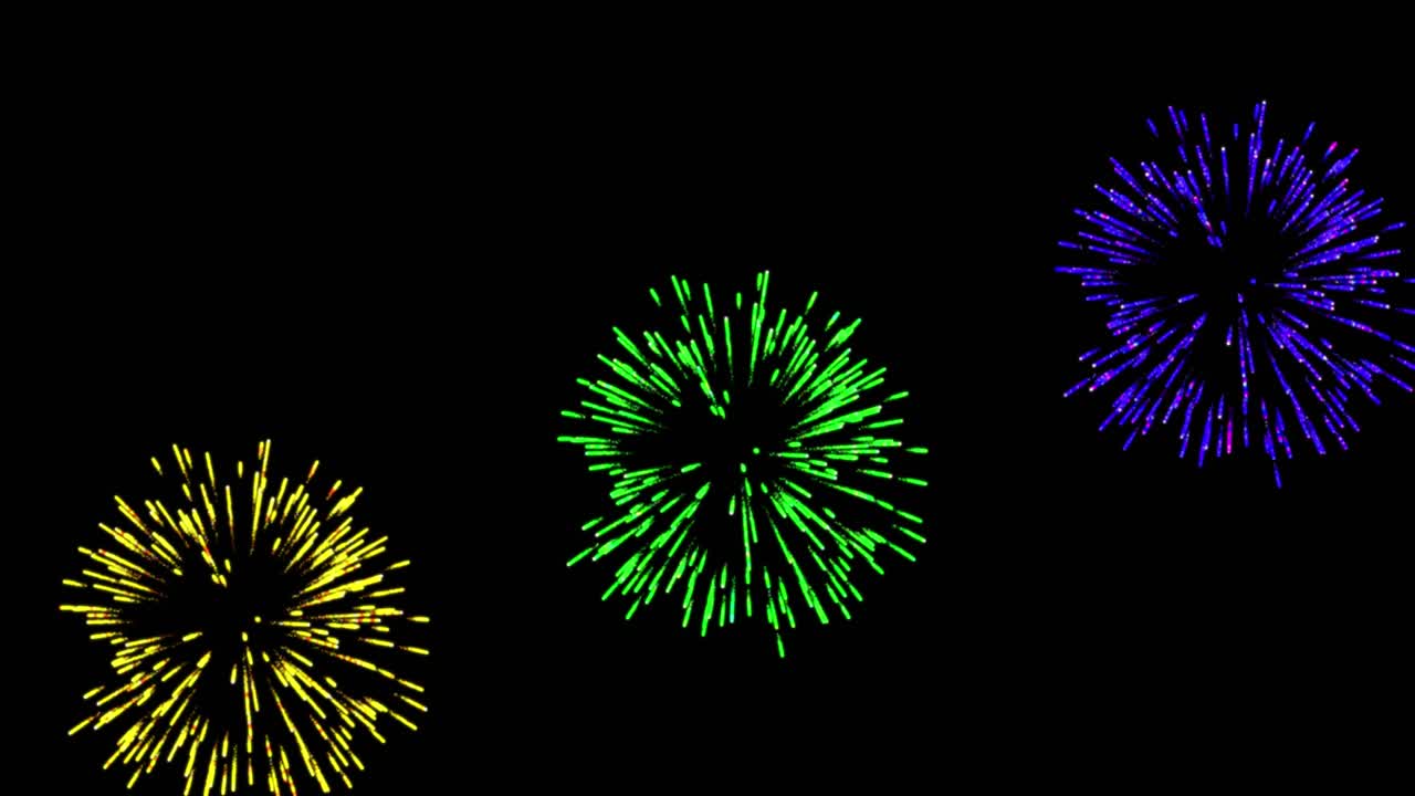 Animazione di fuochi d'artificio colorati di Natale e Capodanno che esplodono su sfondo nero.