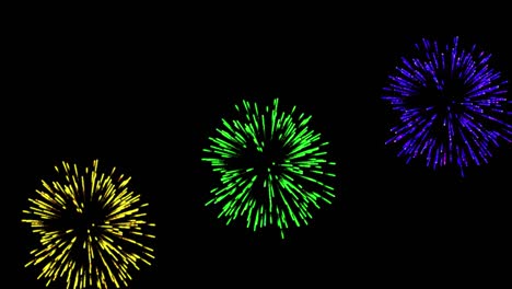 animación de coloridos fuegos artificiales de navidad y año nuevo que explotan sobre un fondo negro