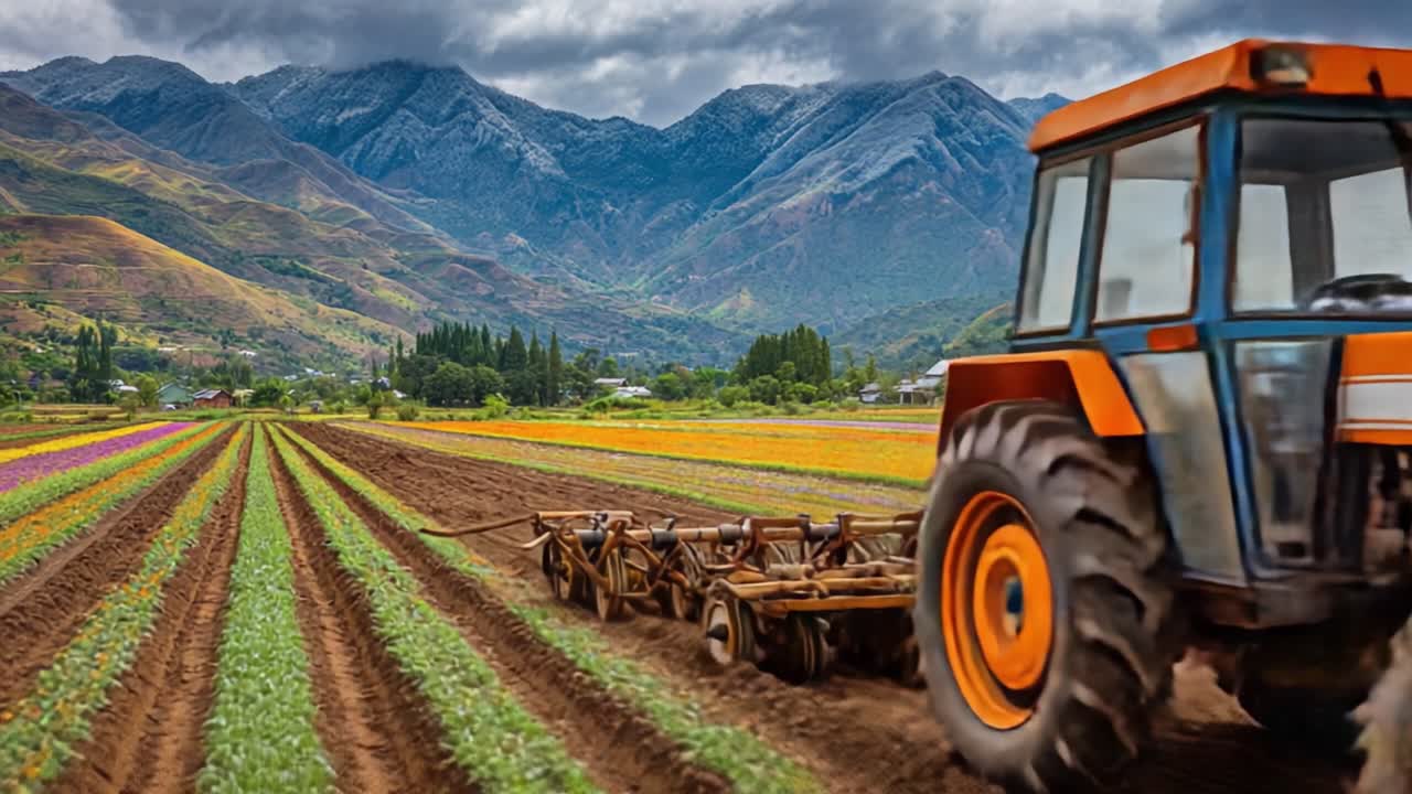 Un vibrante paesaggio agricolo con un trattore che ara campi di fiori colorati, circondato da maestose montagne sotto un cielo drammaticamente nuvoloso.