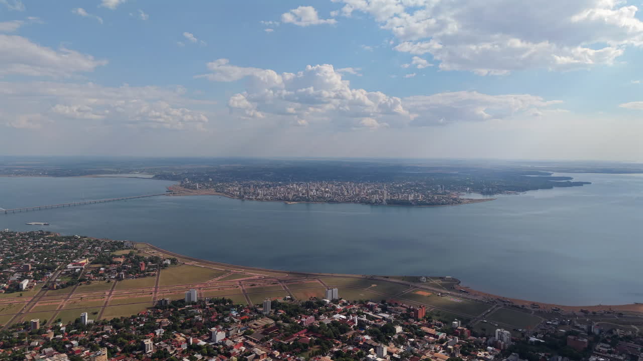 Aerial Drone View of Encarnación, Paraguay – Border City with Posadas, Argentina peaceful waterfront towns