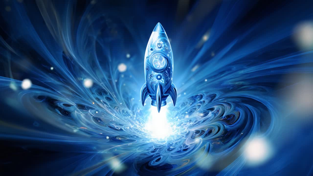 Blue steampunk rocket launching into space through a mesmerizing celestial vortex. Animated surreal journey into a blue fractal wormhole representing startup innovation and future technology