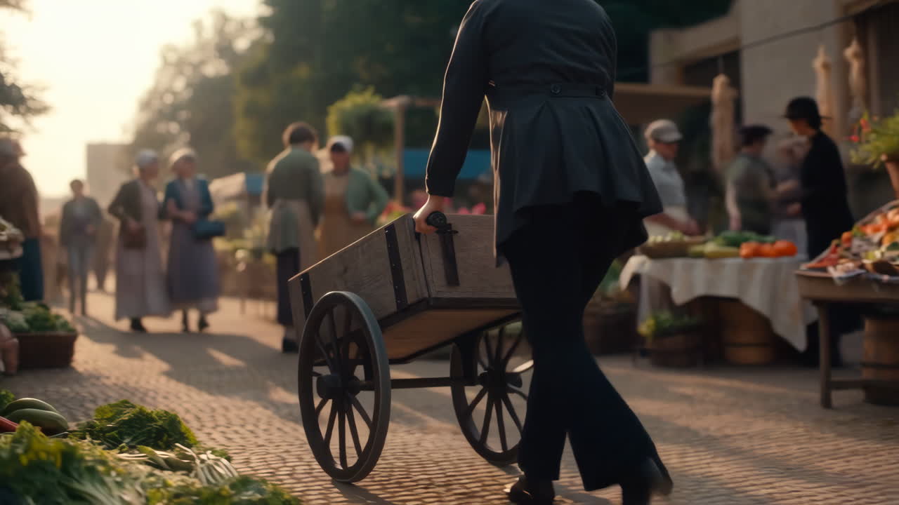 A woman pulls a wooden cart through a market street