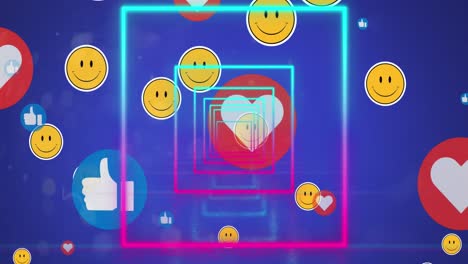 Animation-of-smiley,-thumbs-up-and-heart-icons-over-looping-squares-against-blue-background