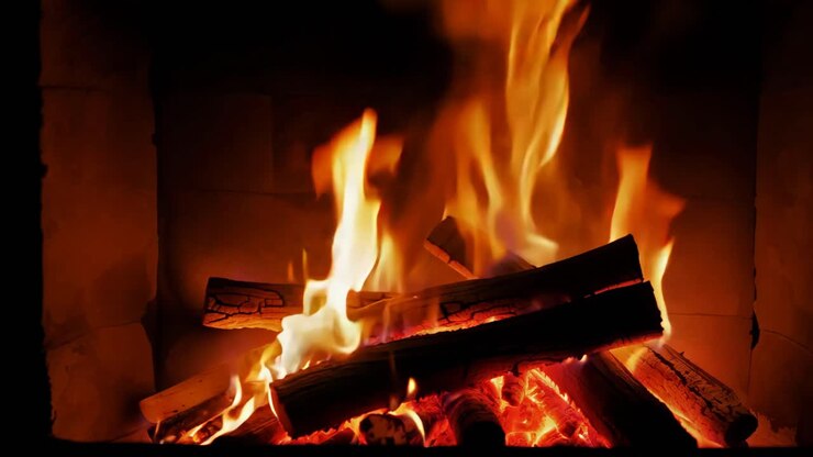 уютный камин с горящим деревом