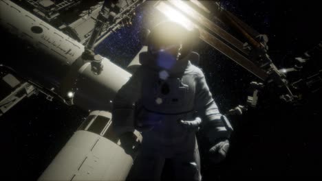 astronauta fuera de la estación espacial internacional en una caminata espacial
