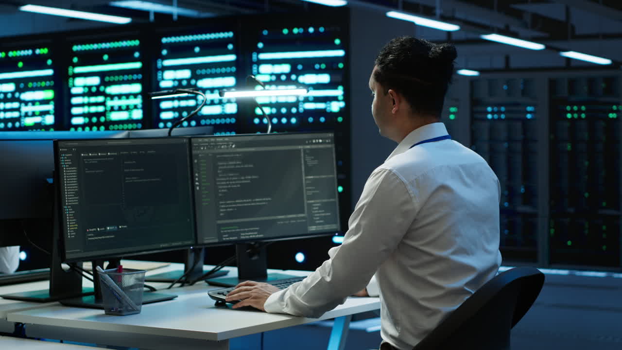 profesional en el centro de servidores que establece puntos de referencia de rendimiento