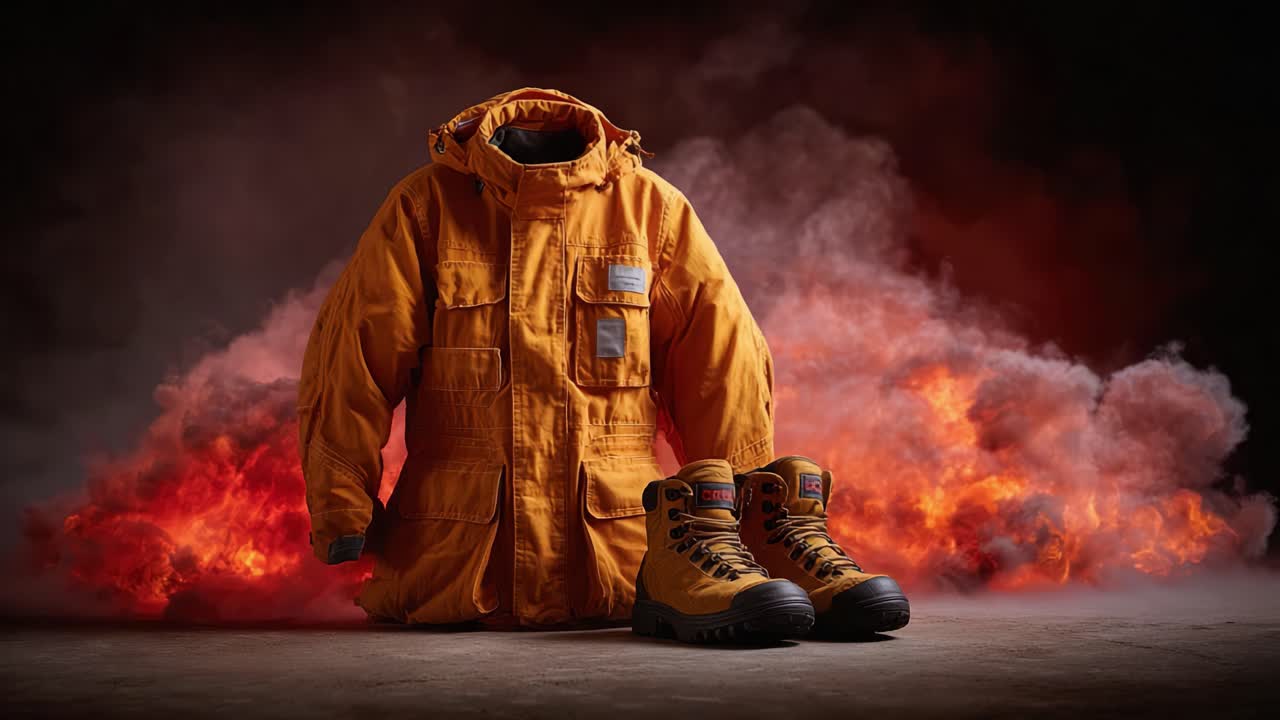 Uma Exibição Atraente de uma Jaqueta Laranja Vibrante Combinada com Botas Robustas Contra um Fundo Dramático de Fumaça e Tons Ardentes para Entusiastas de Aventura ao Ar Livre