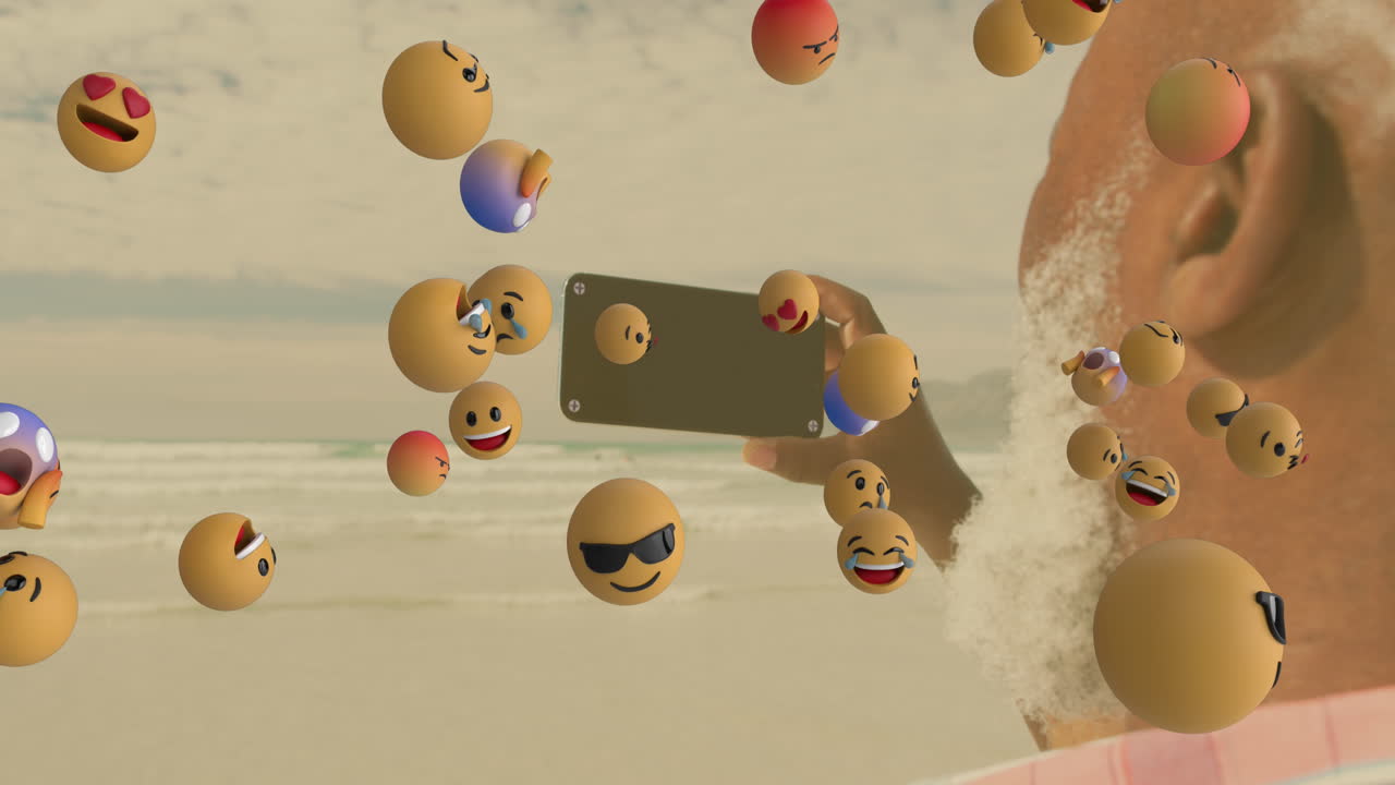 시니어 아프리카계 미국인 남자가  ⁇ 니 비치에서 셀카를 찍는 미디어 아이콘의 애니메이션