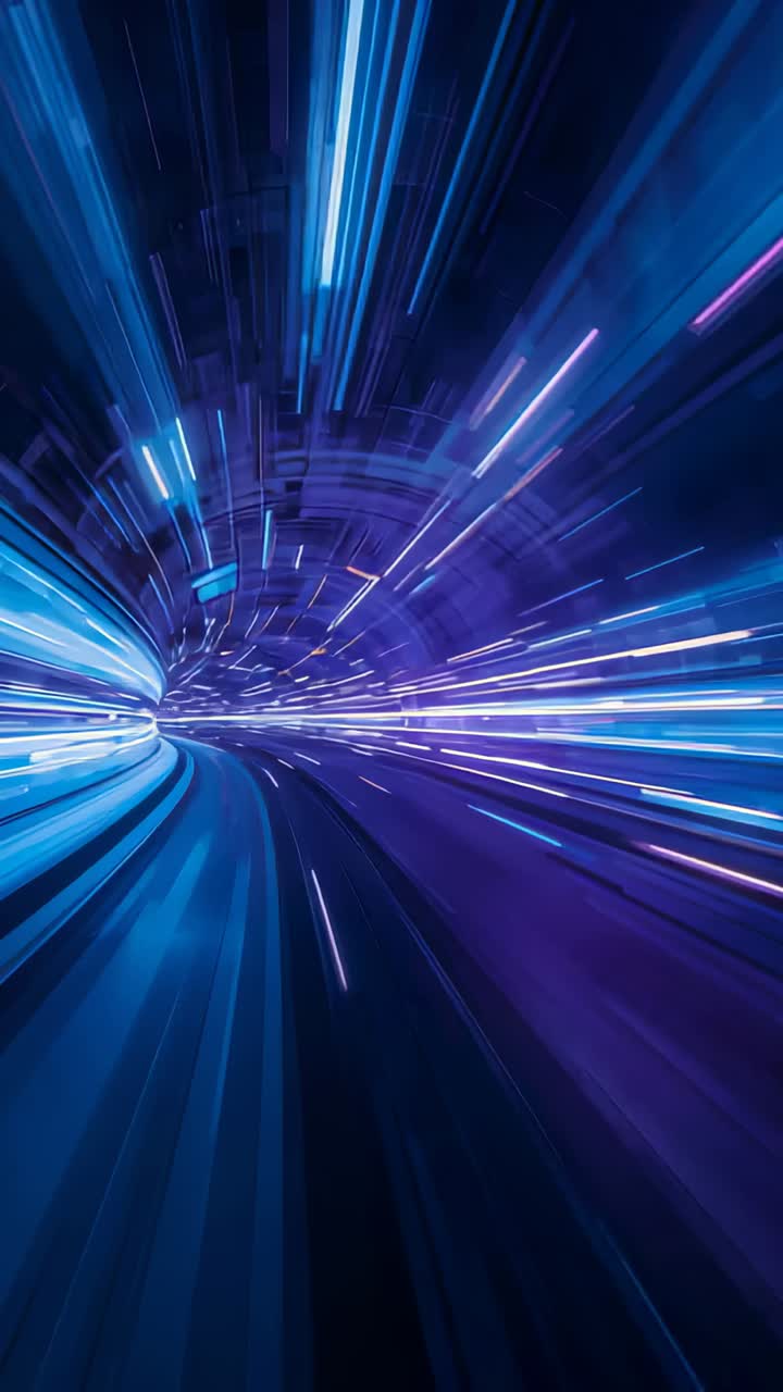Video verticale: Telecamera in movimento che parte da sinistra del centro in un tunnel curvo, formando scie LED radiali.