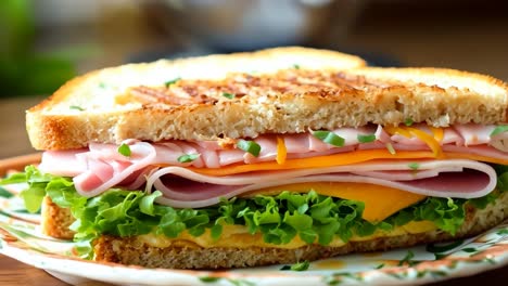 a ham and cheese sandwich on a plate on a table