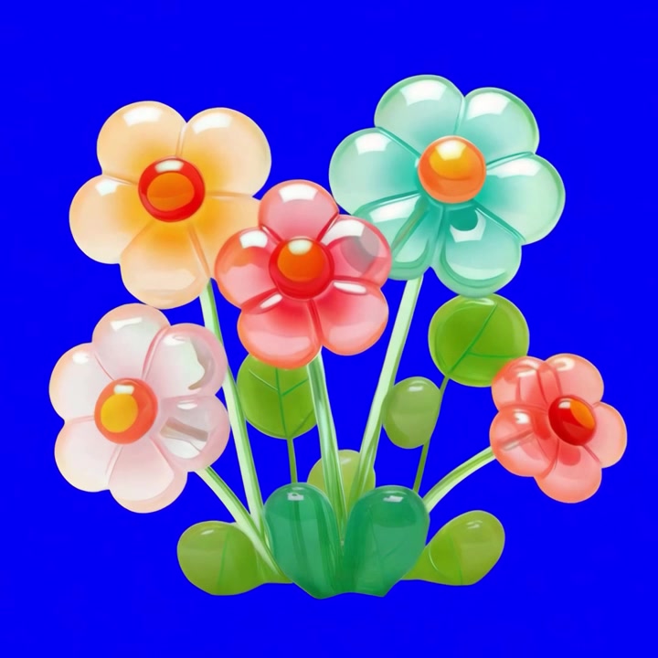 Animated Colorful Glass Flower Bouquet on Blue Background
