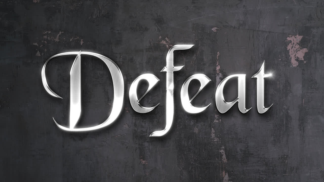 Metallic 'Defeat' text with blood splatters on a grunge background