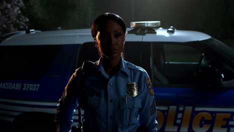 police officer in uniform in front of police car at night