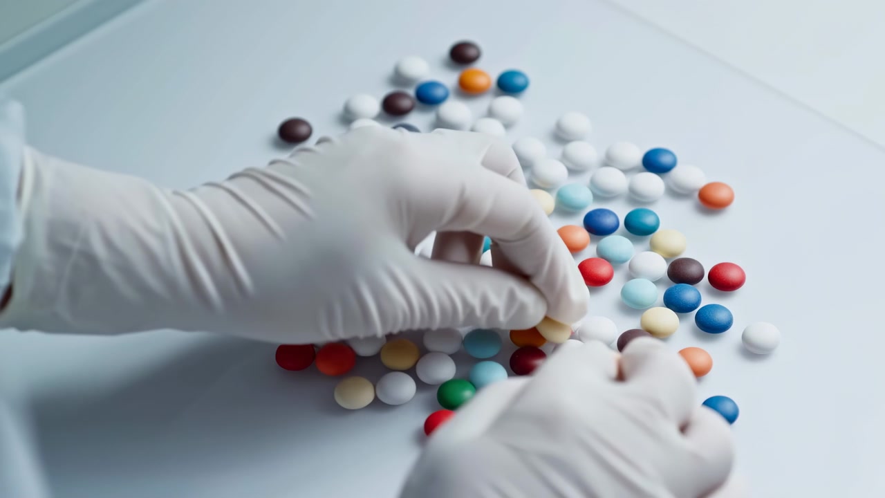 Mani guantate che smistano compresse rivestite multicolori su un piano di lavoro bianco sterile a metà