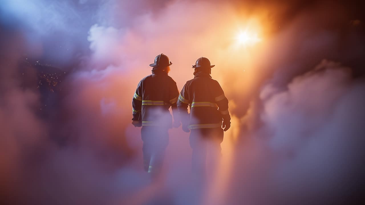 Two firefighters walking into a smoky atmosphere, illuminated by vibrant light, representing bravery and teamwork in the face of danger and uncertainty