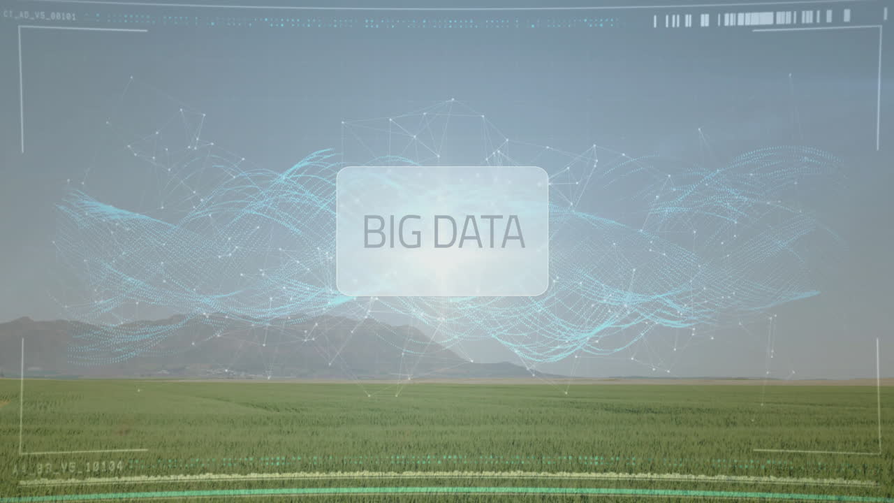 Big data HUD panel rising above green farm field, displaying blue waveforms and network lines