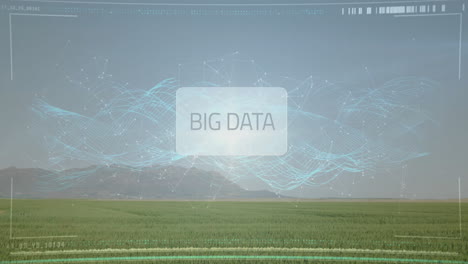 big data hud panel rising above green farm field, displaying blue waveforms and network lines