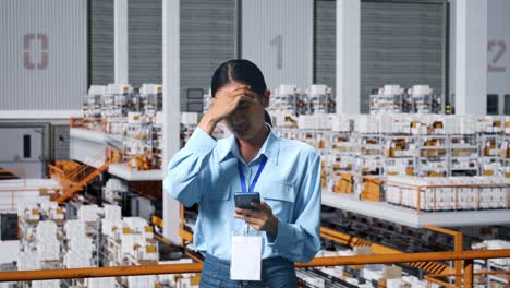 an asian business woman not satisfied and shakes her head while using mobile phone in the warehouse