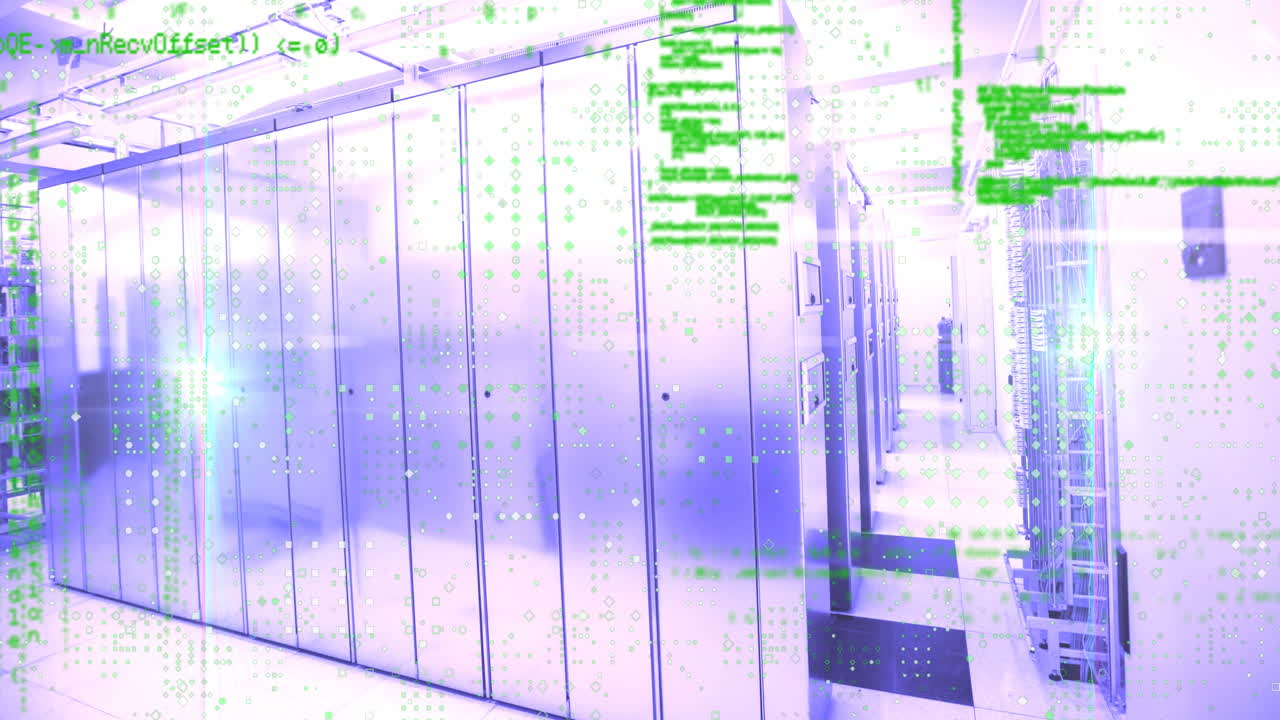 Animation of data processing and light spot over computer server room