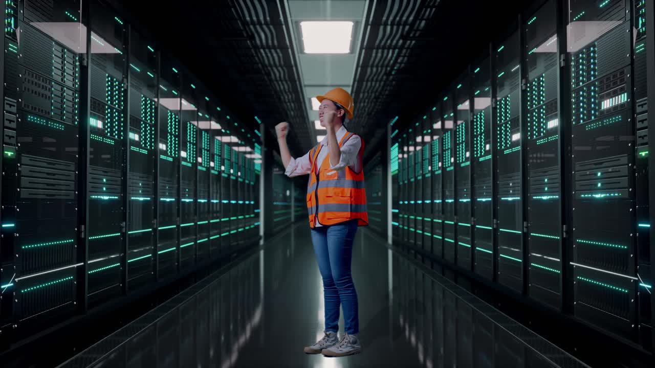 Full Body Side View Of Asian Female Engineer With Safety Helmet Screaming Goal Celebrating Working in Server Room Data Center