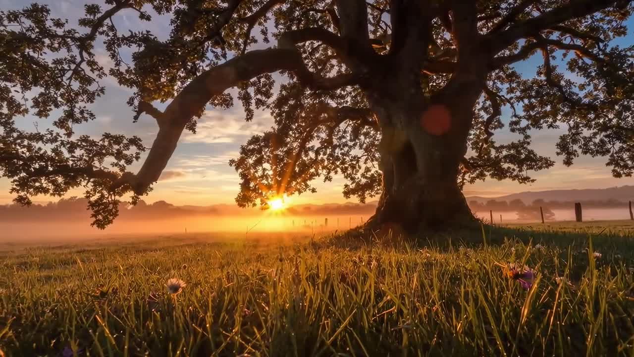 Video di un'alba serena con una vista dal basso di un albero maestoso, che cattura luce calda e nebbia