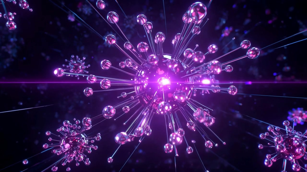 La telecamera che zooma, una sfera appuntita che ruota e pulsa nello spazio, mostrando bacchette di vetro e perline, con un bagliore magenta.