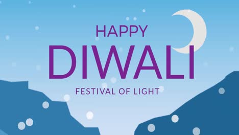 animation of happy diwali text over light spots on blue background