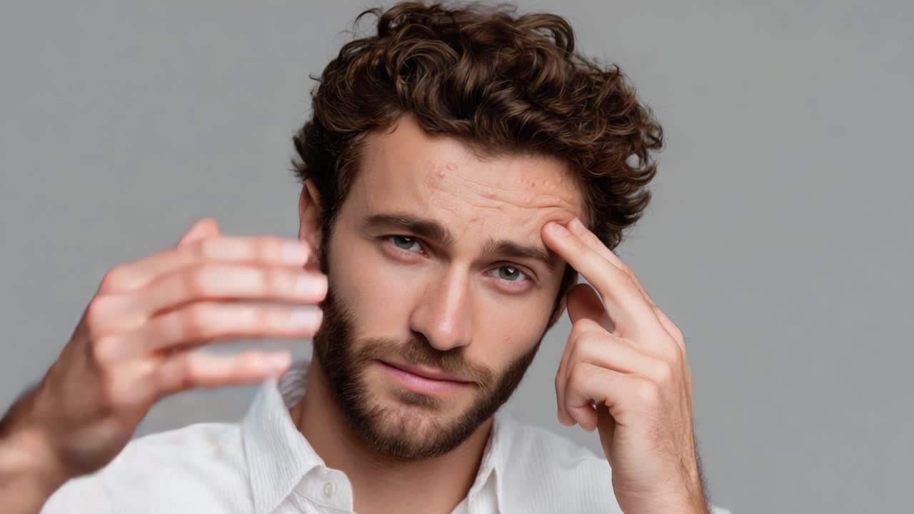 A Man Examining His Skin: Expressive Close-Up of a Thoughtful Young Man in a White Shirt Focused on His Forehead and Skin Attention