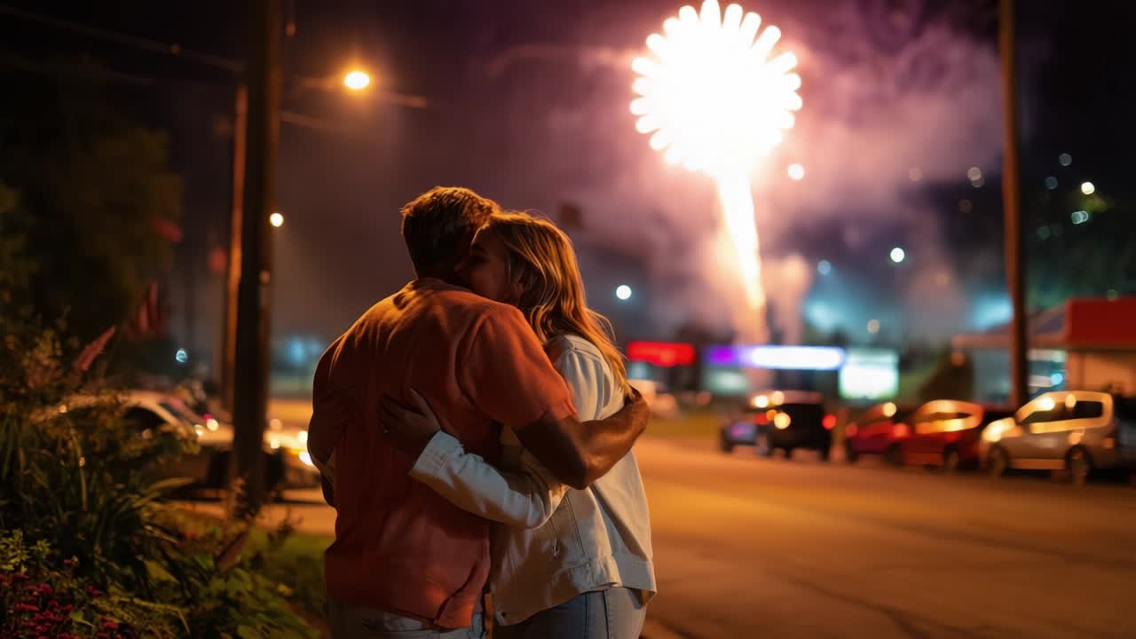 A Romantic Evening Under Spectacular Fireworks: Capturing the Intimate Moment of a Couple Embracing as Colorful Explosions Illuminate the Night Sky, Celebrating Love and Togetherness