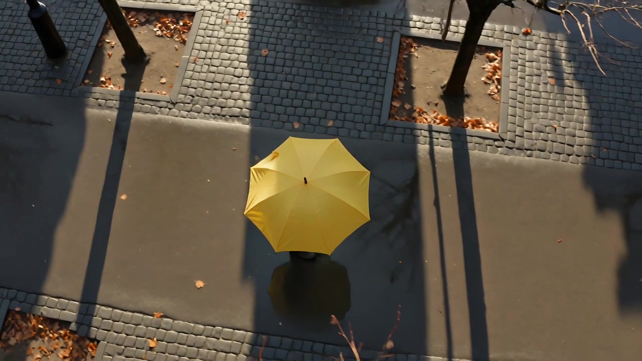Adulto che cammina, tenendo un ombrello giallo brillante, muovendosi verso nord lungo un sentiero lastricato, proiettando lunghe ombre.