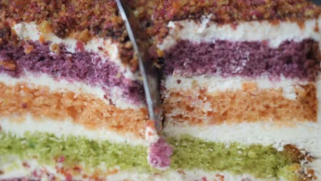 close-up of a multi-layered colorful cake